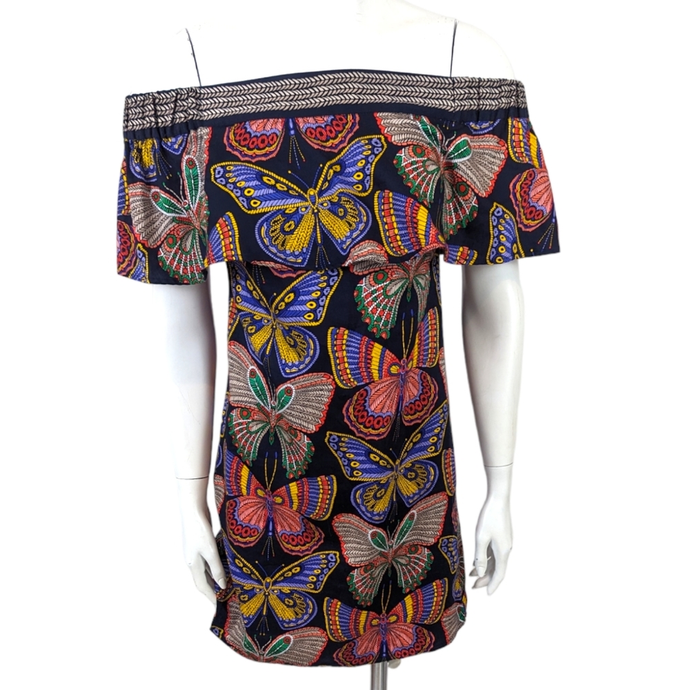 Trina Turk Welton Butterfly Off The Shoulder Dress Womens XS Black Shift Resort - Picture 2 of 12